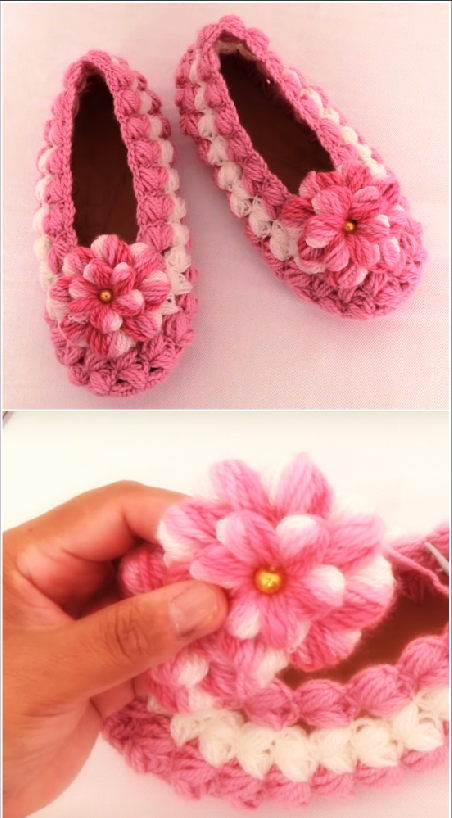 Crochet Slippers With Puff Braids And Flower
