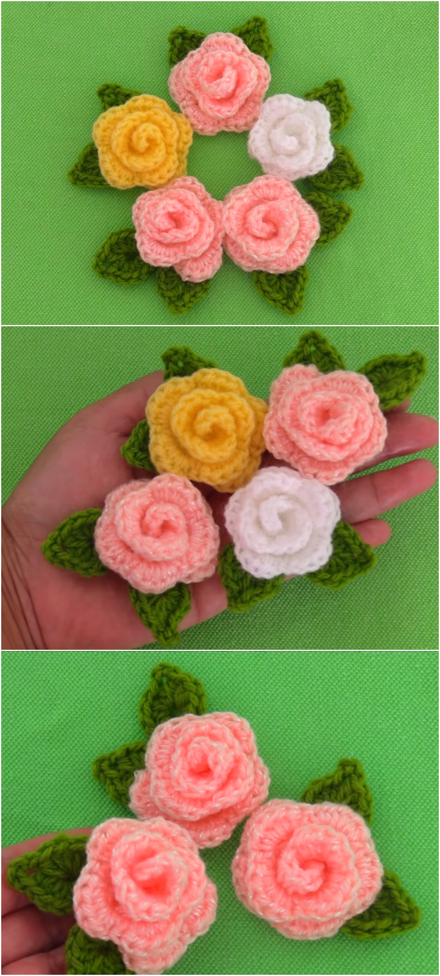 Crochet Tiny Roses With Leaves Crochet Ideas